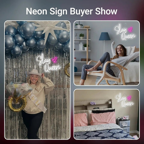 Neon 'Slay Queen' signs displayed in party, lounge, and bedroom settings; diverse uses for vibrant LED decor.