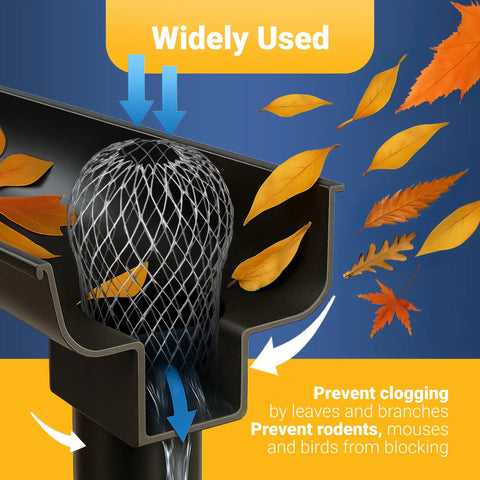 6 Pack Leaf Guard Gutter Filter Mesh Screen For Downspouts And Gutters shown blocking leaves, installed in gutter system