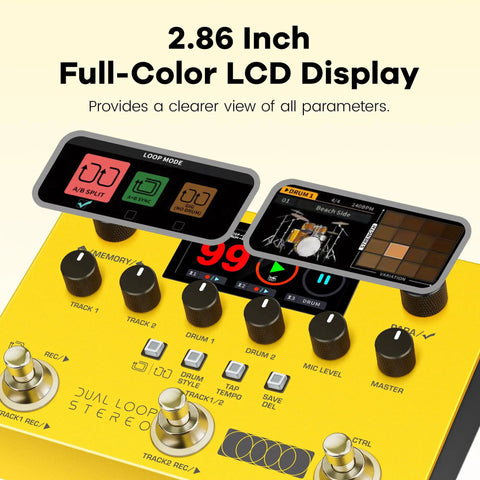 Close-up of Dual Track Stereo Looper Pedal For Electric Guitar with Dual Drum Machine display and controls.