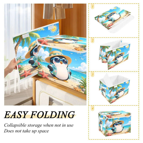 Heavy Duty Foldable Storage Bin With Secure Lid And Easy Grab Handles For Bedroom Closet Organizers, collapsible toy box with penguin design.