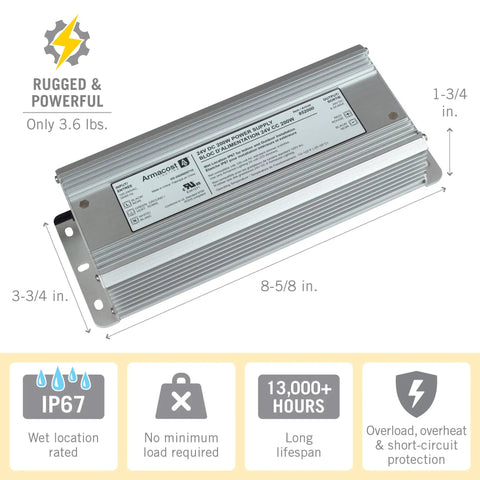 200W 24V DC LED Power Supply Silver Finish Go To Constant Voltage Driver for LED Strips with IP67 rating and dimensions shown