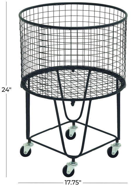 Rugged Metal Storage Cart With Rolling Mesh Laundry Hamper Deep Set Black Finish Industrial Style Organizer for Home or Laundry Room