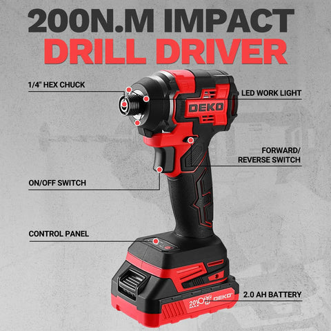 Heavy Duty Workhorse Cordless Drill And Impact Driver Duo With 20V Brushless Motor, Serious Torque, dual speed settings, and control panel view.
