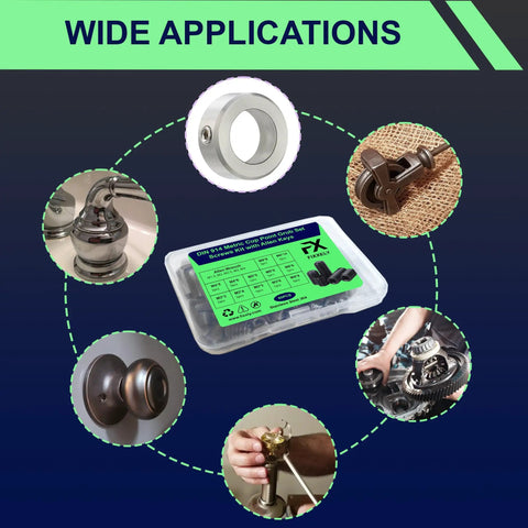 60 Piece Set Screws Kit With Allen Keys, M3 M4 M5 M6 M8 Metric Cup Point, showing applications for faucets, door knobs, and mechanics.