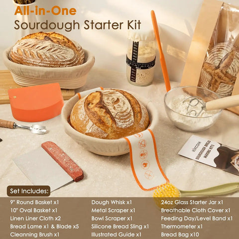 Beginner Friendly Sourdough Starter Kit With Round And Oval Banneton Baskets, 13 Piece Bread Making Tools Set displayed on table