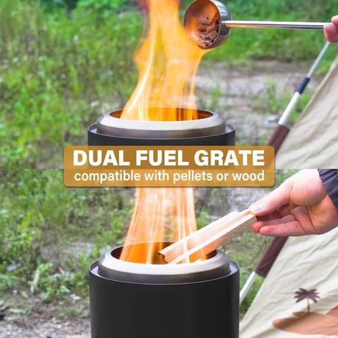Person adding wood to Smokeless Tabletop Fire Pit For Outdoor Use Portable Mini Stove With Carry Bag Fueled By Pellets Or Wood Stainless