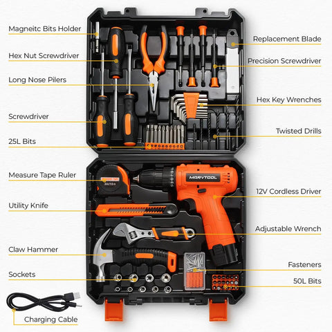 Slick Heavy Duty 152 Piece Tool Set With 12V Cordless Drill And Portable Carry Case, tools and accessories organized.