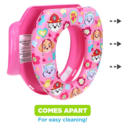 Super Chill Toddler Potty Seat With Plush Cushion And Sure Grip Handles, pink with character designs, easy to clean.