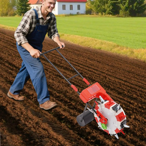 Man using Hand Push Manual Seeder With 6 Nozzle Row Crop Planter, 8.27Lb Seed Capacity For Corn Cotton Soybean Peanut Seeds, Precision Sowing Tool For Garden Farm, Durable Iron And Plastic Construction in a field.