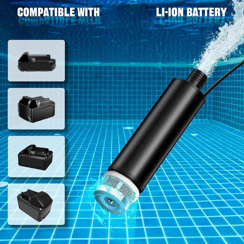 Versatile Battery Powered Sewage Pump For Pool Drainage And Pond Care shown with compatible Li-ion batteries in water.