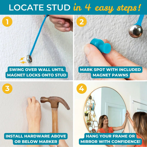 No Sweat MagneticStudFinder ForDrywall PlasterLathWalls ReliableRareEarthPendulumMagnetDetector WithFourMarkingPins steps for locating studs on walls.