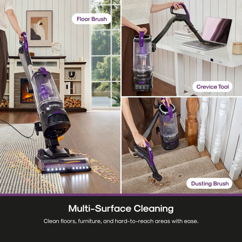 Eureka FlexReach Bagless Vacuum With Lift-Away Wand And Swivel Base For Stairs Upholstery And Hardwood, showcasing floor brush, crevice tool, and dusting brush.