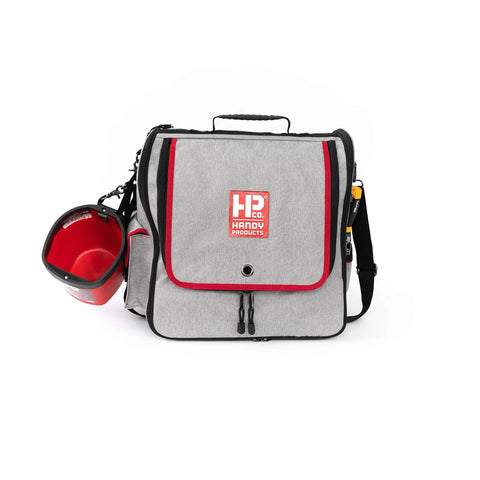 Pro Painters Tool Bag Deluxe with adjustable shoulder strap, showing dual sides and multiple pockets for painting gear.