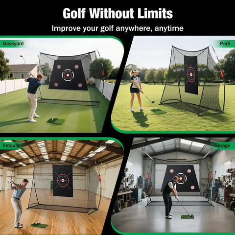Backyard Golf Practice Net With Two Targets, 10x7ft Portable Hitting Net for indoor garage or outdoor use in various settings.