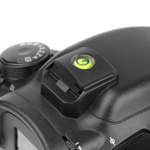 Camera Hot Shoe Level Set 4 Pack Slick 2 Axis Spirit Bubble Level on DSLR, ensuring dead center alignment for precise shots.