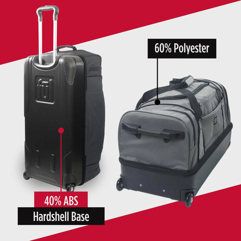 Grey rolling duffel bag with split storage featuring hardshell base and smooth wheels for travel convenience and gear organization.