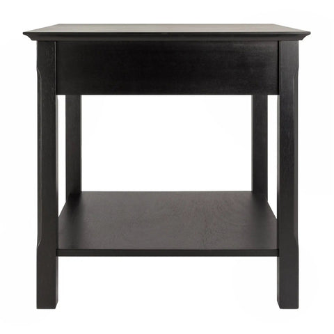 Round Beechwood End Table In Black Finish With Storage Drawer And Open Shelf, Rustic Modern Accent Piece, front view