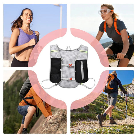 Waterproof Hydration Backpack For Hiking And Outdoor Adventures with Adjustable Straps displayed in use by hikers and a cyclist.