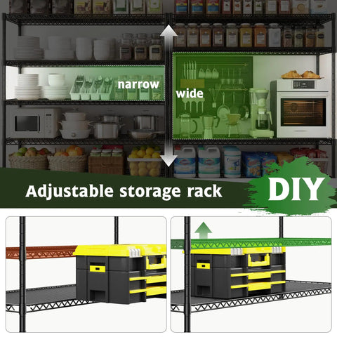 Beefed Up Heavy Duty Storage Shelves With Adjustable Height, 3200 Lb Capacity, 55.5 Inch Wide By 18 Inch Deep By 71 Inch High Industrial Shelving For Garage, Warehouse, Kitchen And Office, Maximizes Vertical Space And Cuts Storage Costs, black metal rack