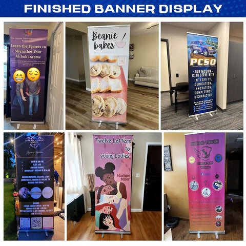 Custom Retractable Banner With Aluminum Stand, Personalized Pop Up Banner Display, Full Color Design, 33x81 Inches in various settings