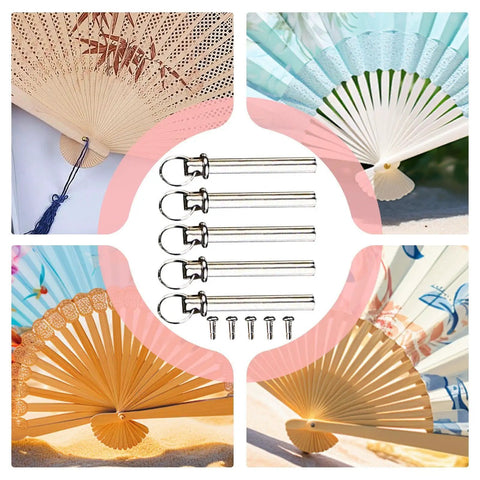 17mm Fan Rivet Nuts And Fasteners Kit For Hand Fans Repair, showing copper rivets and screws with folded fan backgrounds.