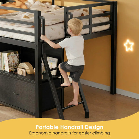 Twin Loft Bed With Six Storage Drawers Built In Bookcase LED Lights Play Curtain Kid Friendly Safety Rails And Ladder
