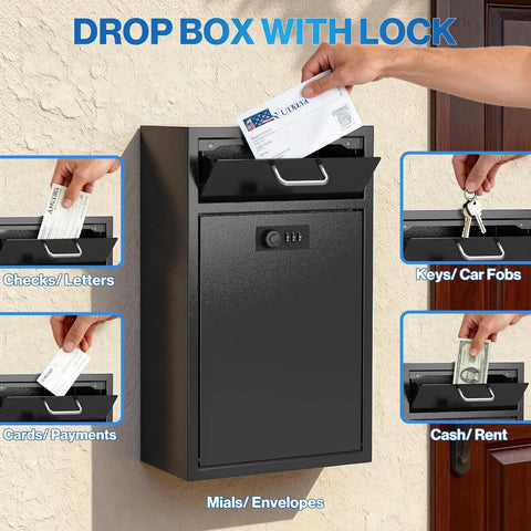Heavy Duty Wall Mount Lock Box Deposit Safe With Code Lock For Businesses Vertical Tamper Proof Night Deposit And Cash Drop Box Steel Construction Perfect For Retail And Office Use Boss Grade Security showing mail, cash, keys, and cards being deposited