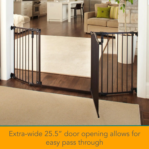 Hardware Mounted Pet Passage Gate With One Hand Door And Double Locking System in matte bronze in living room doorway.