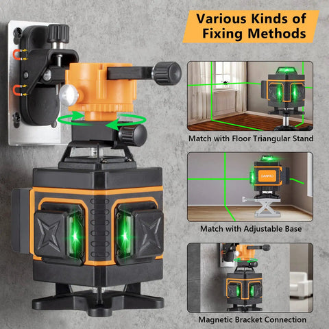 16 Line Green Laser Level Self Leveling Tool with mounting methods showing adjustable base and magnetic bracket attachment.