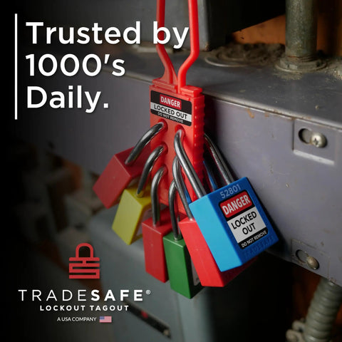 Red Lockout Padlocks Set Ten Keyed Alike With Two Keys Per Lock For Lockout Tagout Stations OSHA Compliant Premium Grade Use In Industrial Safety LOTO Ready For Everyday Use securing machinery