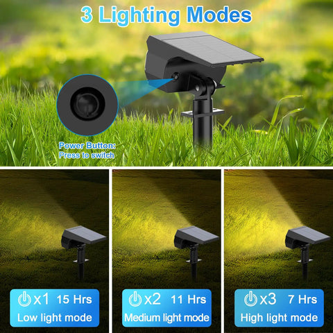 57 LED Solar Spot Lights Outdoor Six Pack IP65 Waterproof Landscape Pathway Spotlights showing three lighting modes