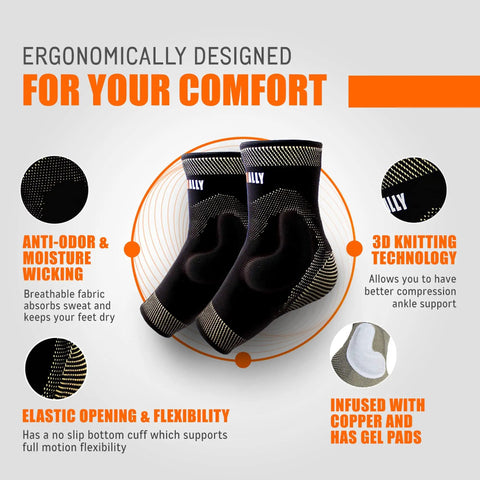 Copper Infused Ankle Support Sleeve With Gel Pads For Plantar Fasciitis And Sprained Ankles, featuring breathability and flexibility
