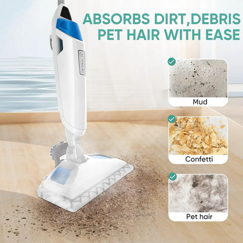 Four Pack Microfiber Steam Mop Pads cleaning mud, confetti, and pet hair with PowerFresh steam mop on hardwood floor.