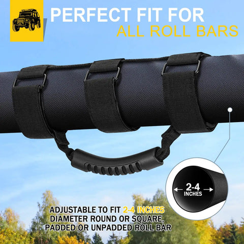 Two Pack Grab Handle Set for Jeep Wrangler TJ YJ JK 1955 to 2023 on 2-3 inch roll bar with rugged metal buckles, off-road grip