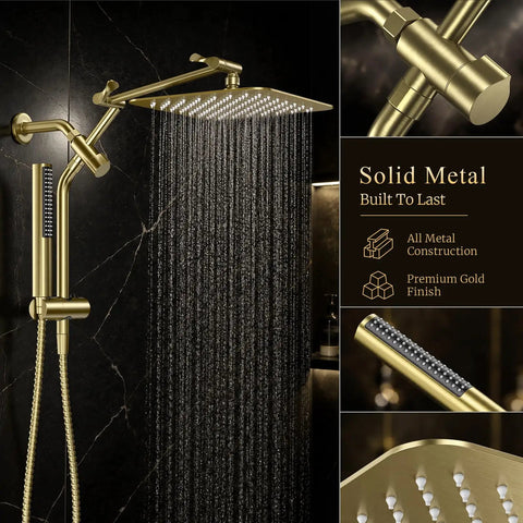 Top Grade 10 Inch Brushed Gold Rainfall Shower Head With Adjustable Handheld Sprayer Heavy Duty All Metal Build on wall.