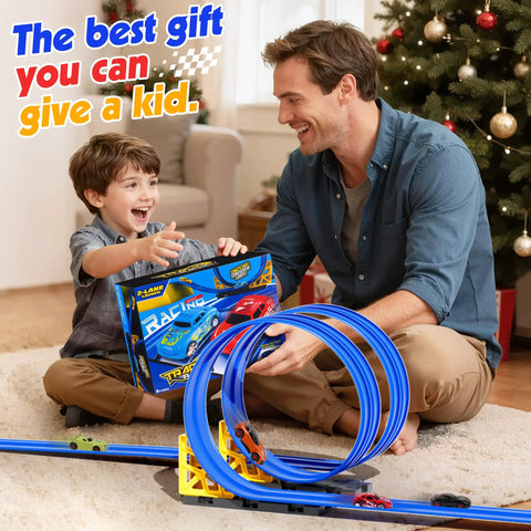 Father and son playing with 16 Foot Flexible Race Track Set For Kids With Roll Up DIY Lanes, Dual Track, 2 Launchers, 6 Mini Cars