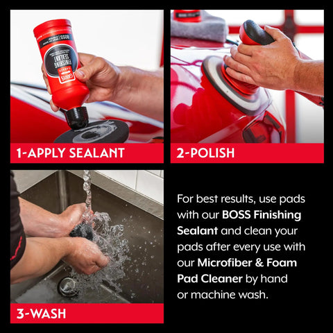 Boss 6.5-Inch Fast Correcting Foam Pads For Car Polishing And Detailing application process with sealant and washing steps.