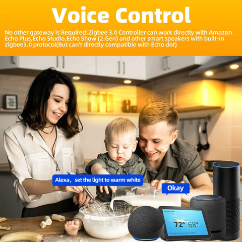 Family using ZigBee 4 Inch Smart Recessed LED Downlights RGBWW Color Ambiance Dimmable Retrofit Can Lights with Alexa for kitchen lighting.