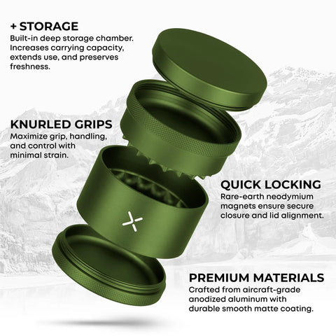 Exploded view of Toothless Herb And Spice Grinder With Extra Storage For Everyday Kitchen Bosses Aircraft Grade Aluminum Manual Grinder Two And A Half Inch Matte Green Finish Smooth Jam Free Grind with labeled parts.