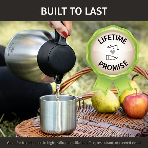 Person pouring from Thermal Coffee Carafe 68 Ounce 2 Liter Insulated Stainless Steel Beverage Dispenser into mug.