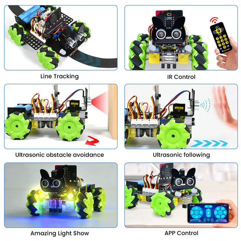 Microbit V2 4WD Robot Car Kit with Mecanum wheels, sensors, line tracking, obstacle avoidance, IR and app control features for STEM learning.