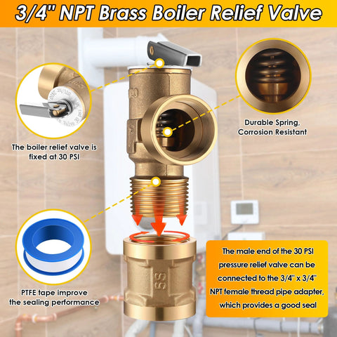 Gulfmew 30 PSI brass boiler relief valve with 3/4 in NPT female thread and blue PTFE tape, front view.