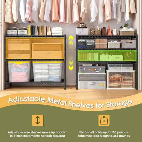 Hella Sturdy Three Tier Metal Shelving Rack Adjustable Heavy Duty Storage Unit Holds 468 Pounds with storage bins in closet