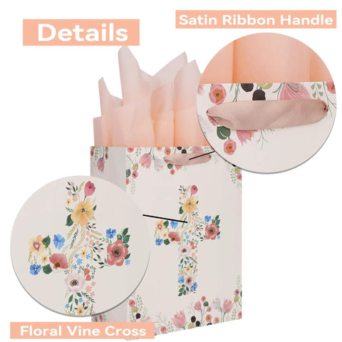 13 Inch Large Light Yellow Floral Gift Bag Set With Greeting Card And Tissue Paper For First Communions Baby Girl Baptisms Christenings And Religious Occasions One Piece showing floral vine cross and satin ribbon handle