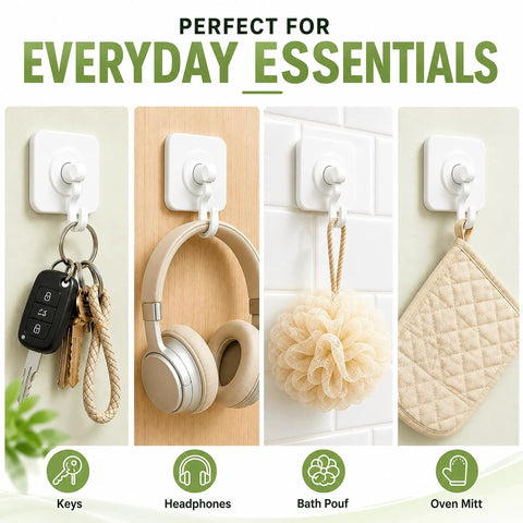 Heavy Duty Adhesive Hooks With 360 Degree Swivel Nail Free Wall Ceiling Mount Rotating Rack For Bathroom Kitchen Decor Tools No Drilling Peel Stick High Capacity Strong Support holding keys, headphones, bath pouf, and oven mitt.
