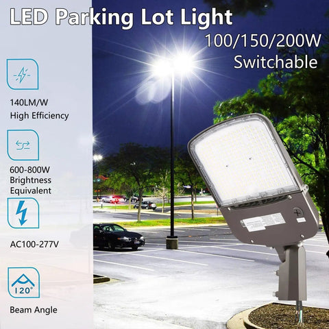 Hella Bright 200W Outdoor LED Parking Lot Light With Slip Fitter illuminating a parking area at night, showcasing its 5000K daylight light.