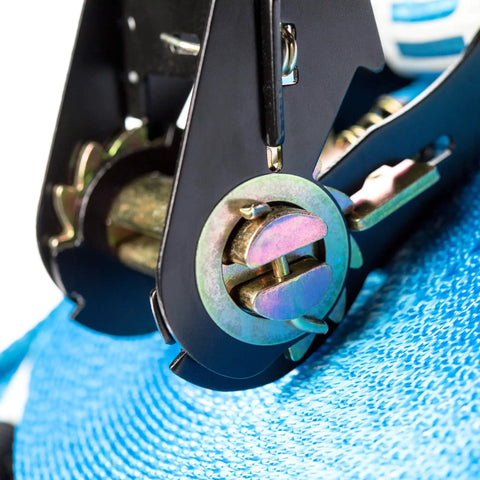 Close-up of ratchet mechanism from Ultimate 60 Ft Slackline Training Kit For Beginners with blue polyester slackline.