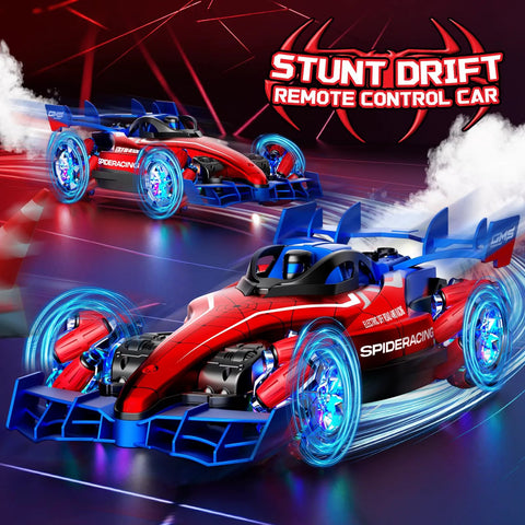 Stunt drift remote control car with glowing wheels and vibrant design in motion for racing enthusiasts