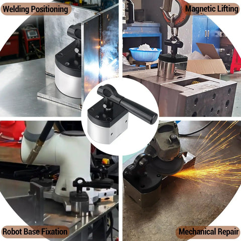 Switchable Magnetic Lifter With Detachable Handle For Welding, 600 Pound On Off Magnet shown in various uses