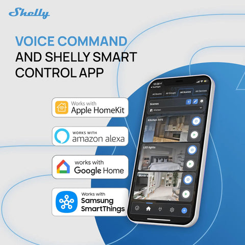 Smartphone displaying Shelly Smart Control App, compatible with Apple HomeKit, Amazon Alexa, Google Home, Samsung SmartThings